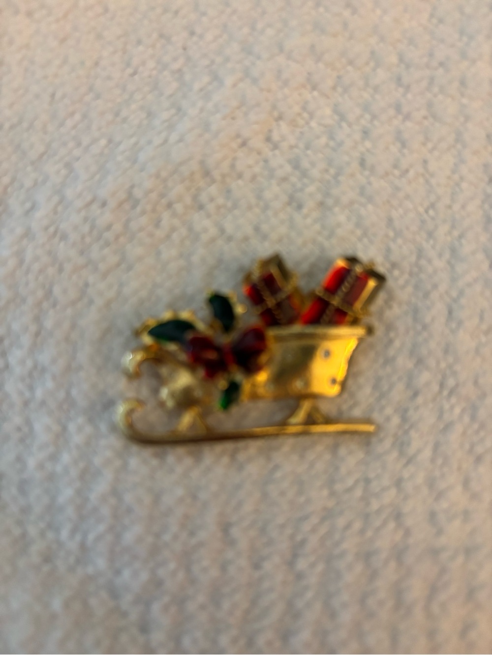 Gold Holiday Sleigh Brooch with Red and Green Accents